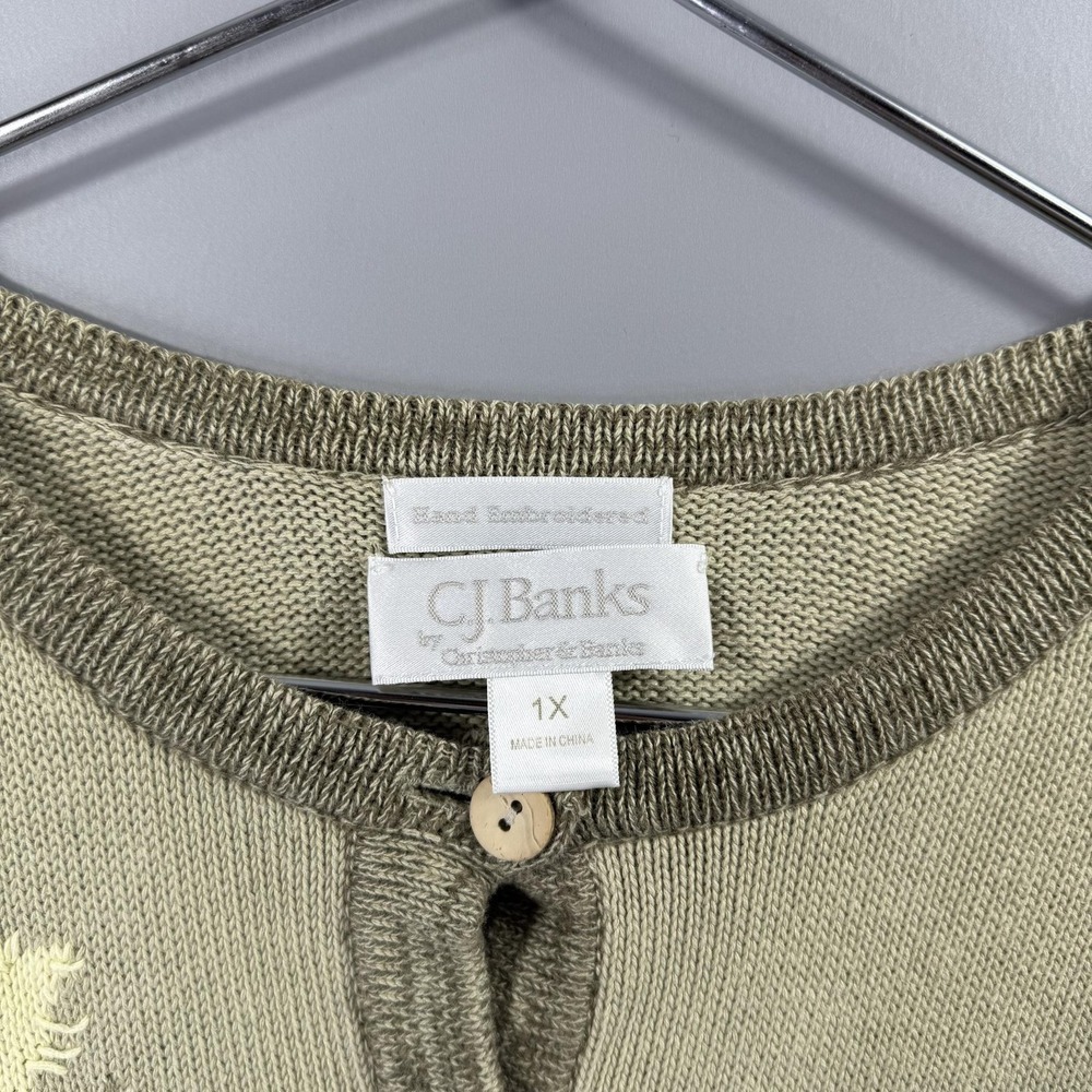 CJ Banks Grandma Core Sweater Womens 1X Green Hand Embroidered Floral Knit - Picture 2 of 7